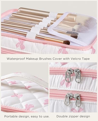 HBselect 2Pcs Travel Makeup Bag, Large Cotton Quilted Makeup Bag Cosmetic Bag Cute Make up Bag Toiletry Bags for Women Girls - color: 2PCS-BOW2