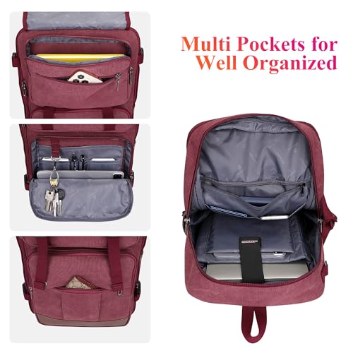 WITZMAN Canvas Travel Backpack for Women Large Laptop Backpack Fit 16 inch Carry-on Airline Approved Convertible Shoulder Rucksack(A6617-3 Red) - color: Red