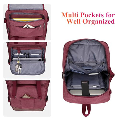 WITZMAN Canvas Travel Backpack for Women Large Laptop Backpack Fit 16 inch Carry-on Airline Approved Convertible Shoulder Rucksack(A6617-3 Red) - color: Red
