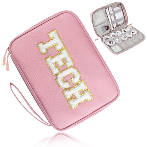 COSHAYSOO Electronics Bag Case Cable Cords Organizer Travel Essentials for Women College Teen Girls Vacation Dorm Accessories Preppy Personalized Gift (Large Pink) - color: Peach