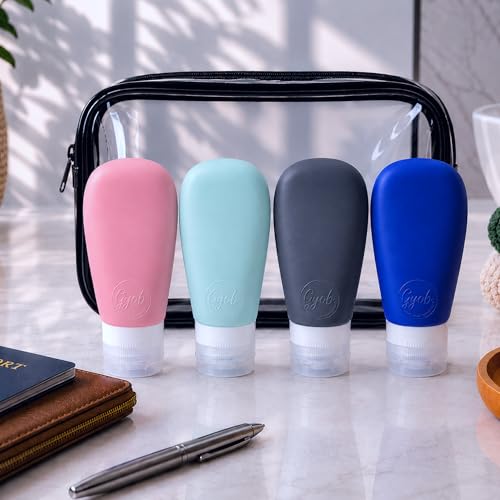 Travel Bottles for Toiletries, TSA Approved 3oz (90ml) Leak Proof Silicone Refillable Squeeze Travel Size Containers BPA Free for Cleansers, Lotions, Shampoo 4pk-With Bag (P,G,Blk,BL) - color: Pink-Green-Blue-Black
