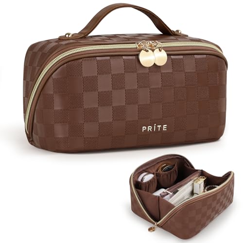Prite Makeup Bag for Women Travel Waterproof Vegan Leather Cosmetic Bag Open Flat Toiletry Bag With Clear Divider and Handle (Plaid Brown, Medium) - color: Plaid Brown, size: Medium