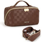 Prite Makeup Bag for Women Travel Waterproof Vegan Leather Cosmetic Bag Open Flat Toiletry Bag With Clear Divider and Handle (Plaid Brown, Medium) - color: Plaid Brown, size: Medium