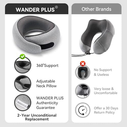 WANDER PLUS® Travel Pillow, 100% Pure Memory Foam Travel Neck Pillow Airplane Neck Support Ergonomic Design Best for Sleeping Plane Car Train Office Flight for Adults Grey