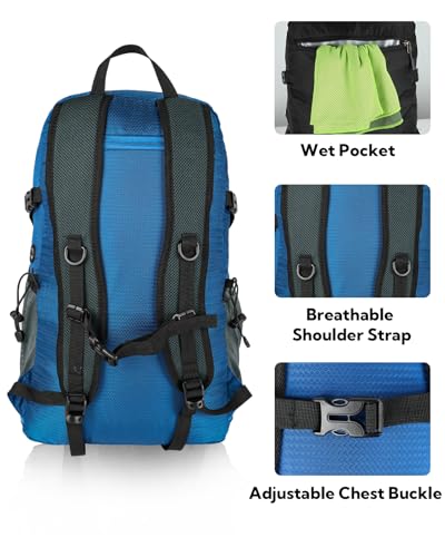 WATERFLY Lightweight Packable Hiking Backpack: 30L Foldable Travel Daypack Ultralight Camping Day Pack for Woman Man - color: Deep Blue