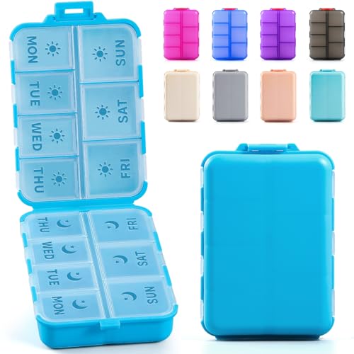 NEW Foldable & Double Protection Portable Weekly Pill Organizer 2 Times A Day with Etched Labels, AM PM 7 Day Week Medicine Box, Daily Travel Pill Case Holder Dispenser for Vitamin, Supplement - Blue - color: Blue, size: AM & PM