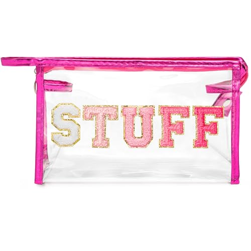 Y1tvei STUFF Large Makeup Bag - Preppy Patch Chenille Varsity Letter Transparent PVC Clear Extra Large Cosmetic Pouch Portable Waterproof Travel Organizer Toiletry Compliant Bag for Women(Rose Red) - color: Rose red STUFF Rose Red