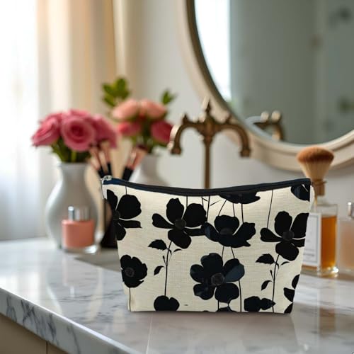 Boho Black and Beige Floral Makeup Cosmetic Bag for Women, Black and White Modern Botanical Flower Aesthetic Portable Travel Toiletry Bag Zipper Makeup Pouch - color: Flower four