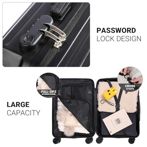 Carry-on Luggage with Cup Holder & USB Charging Port, Hard Side Luggage with Spinner Wheels, Lightweight Luggage for Travel, Business (Black, Carry-On 20-Inch) - color: Black