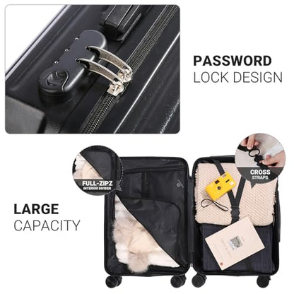 Carry-on Luggage with Cup Holder & USB Charging Port, Hard Side Luggage with Spinner Wheels, Lightweight Luggage for Travel, Business (Black, Carry-On 20-Inch) - color: Black