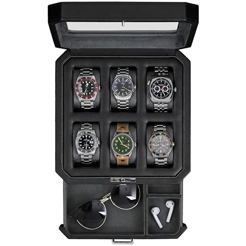 ROTHWELL 6 Slot Leather Watch Box with Valet Drawer - Luxury Watch Case Display Organizer, Microsuede Liner, Locking Mens Jewelry Watches Holder, Men's Storage Boxes with Large Glass Top (Black/Grey) - color: 6 Slot - Black / Grey