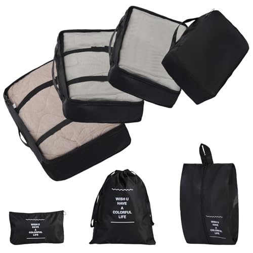 7 Set Packing Cubes for Travel,Suitcase Organizer Bags for Luggage with Shoe Bag, Vacation Travel Essentials & Accessories for Cruise Ship, Airplane Must-Have,Road Trip & Camp Gifts(Black) - color: Black, size: 7 Set