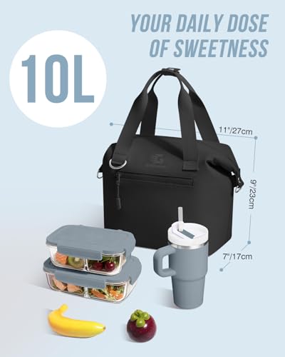 GLORIEROO Pastel Lunch Box Women | Insulated Soft Waterproof Leakproof Lunch Bag Cooler | Adjustable Strap | BPA-Free - color: Midnight Black