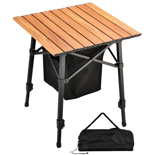 Aluminum Camping Side Table, Compact Folding Outdoor Portable Beach Small Camp Table with Carry Bag and Storage, Picnic, Hiking, Fishing, Grill(Wooden) - color: Wooden, size: Medium