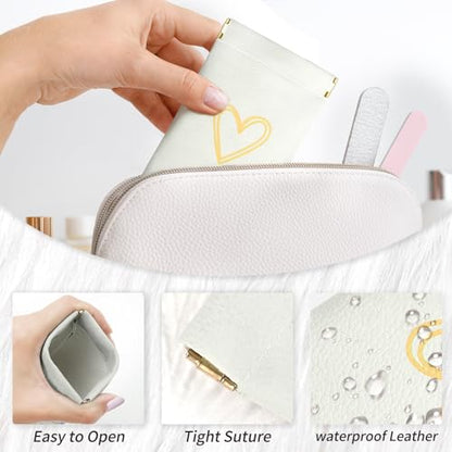 Glasses Case Soft, Eyeglass Cases for Women Portable Squeeze Top PU Leather 2 Pack Glasses Pouch with Cleaning Cloth - color: Off-white Love+brown Love