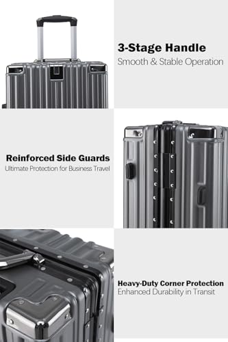 HotWay 26 Inch Aluminum Frame Luggage with Spinner Wheels, PC Hard Shell Suitcase with Cup Holder, Zipperless Luggage for Business Travel, Gray - color: Gray (PC+Aluminum), size: Checked in 26inch