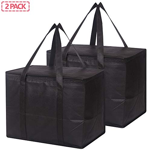 Set of 2 Large Insulated Reusable Grocery Bags with Sturdy Zipper and Handles, Foldable Washable Heavy Duty Cooler Totes for Hot or Cold Food Delivery, Groceries, Travel, Shopping