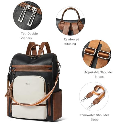 Shrrie Vegan Leather Laptop Backpack for Women 15.6 inch Work Backpack Fashion Travel Backpack Purse for Business College - color: Black With Brown and White