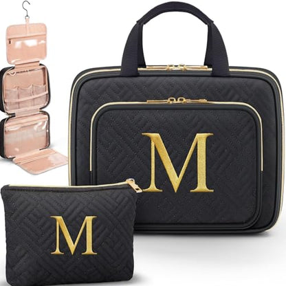 Gifts for Women, Initial Toiletry Makeup Bag Hanging Cosmetic Organizer with Embroidery Letter Personalized Nurse Teacher Appreciation Birthday Mothers Day Gifts for Mom Sister Wife Friends Auntie Her - style: M