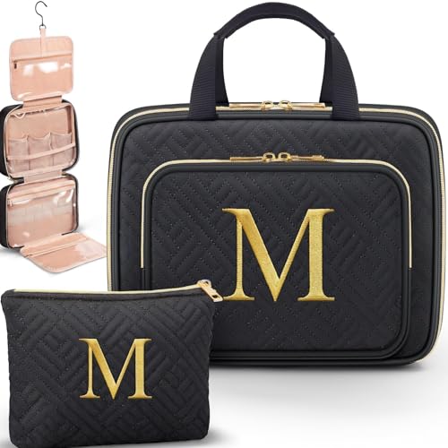 Gifts for Women, Initial Toiletry Makeup Bag Hanging Cosmetic Organizer with Embroidery Letter Personalized Nurse Teacher Appreciation Birthday Mothers Day Gifts for Mom Sister Wife Friends Auntie Her - style: M