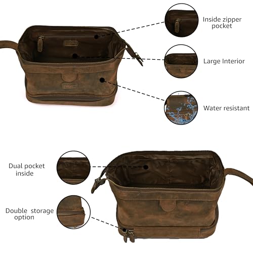 LEATHER VILLAGE Genuine Leather Dopp Kit – Large Travel Toiletry Bag with Waterproof Lining, Dual-Zip Design for Men & Women, Organizer for Shaving, Makeup & Essentials - Brown - color: Brown