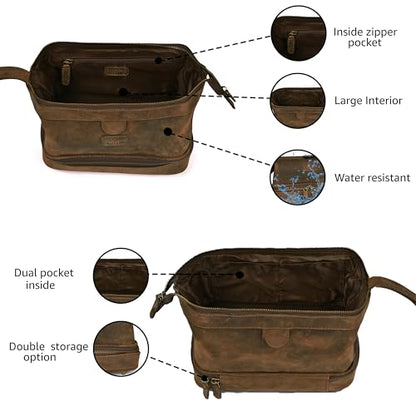 LEATHER VILLAGE Genuine Leather Dopp Kit – Large Travel Toiletry Bag with Waterproof Lining, Dual-Zip Design for Men & Women, Organizer for Shaving, Makeup & Essentials - Brown - color: Brown