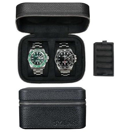 2 Watch Travel box Real Top-grain Leather Two Watch Roll Case for Man and Women Watches Packing Box Storage Organizer with Black Suede to Protection Zipper Fit All Watches Up to 60mm (2W-Z-BB) - color: 2W-Z-BBL