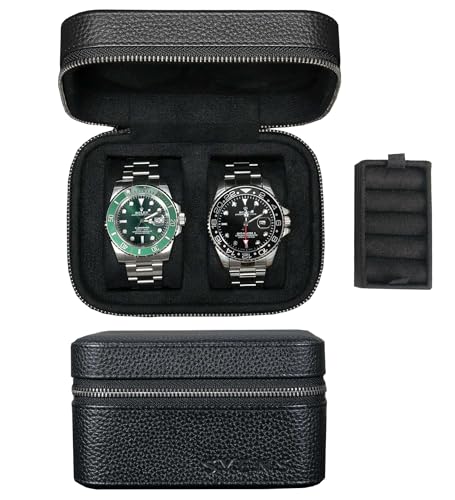 2 Watch Travel box Real Top-grain Leather Two Watch Roll Case for Man and Women Watches Packing Box Storage Organizer with Black Suede to Protection Zipper Fit All Watches Up to 60mm (2W-Z-BB) - color: 2W-Z-BBL
