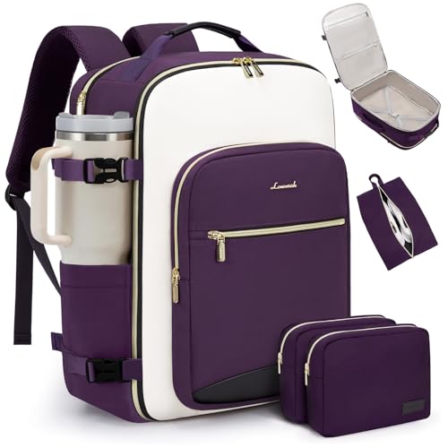 LOVEVOOK 40L Travel Backpack for Women & Men, Airline Approved Carry On Luggage with 3 Packing Cubes, TSA Overnight Bags, Waterproof Personal Item Bag, Weekender Essentials Backpacks fits 17" Laptop - color: Purple-beige-black, size: Large