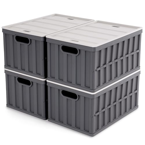 Citylife 64L Collapsible Storage Bins with Lids Plastic Storage Containers for Organizing Stackable Storage Box Large Heavy Duty Utility Crates, 4 Packs - color: Grey, size: 64L - 4 Pack