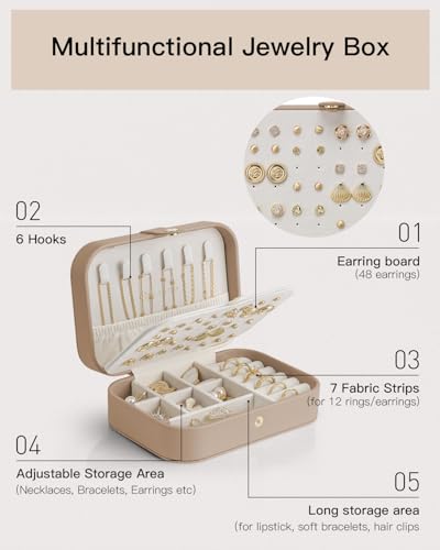 VLANDO Travel Jewelry Case for Women Girls Mothers, PU Leather Small Jewelry Box for Rings, Necklaces, Bracelets, Earring Holder Organizer Storage for Travel Accessories, Valentines Gift - Toffee - color: D.Toffee