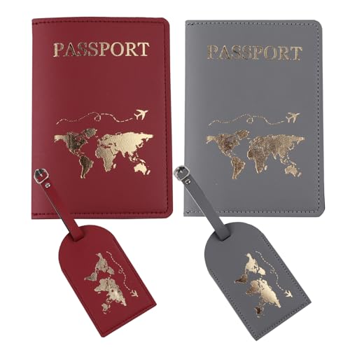 passport holder mrs and mr, Passport Wallets Travel Holder Set,Honeymoon gift, Wedding Bridal Shower Wallets,Honeymoon Gift,Slim Passport Case Covers and Organizer Slots Couple Travel Luggage - color: Burgundy and gray-Map