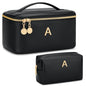 Personalized Initial Makeup Bag Gifts for Women, Large Travel Cosmetic Organizer with Handle & Divider, PU Leather Toiletry Bag for Girls, Birthday Bridesmaid Gift Set - Black - A - color: Black, style: A
