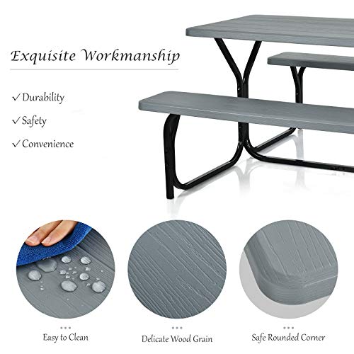 Giantex Picnic Table Bench Set Outdoor Camping All Weather Metal Base Wood-Like Texture Backyard Poolside Dining Party Garden Patio Lawn Deck Furniture Large Camping Picnic Tables for Adult (Gray) - color: Grey