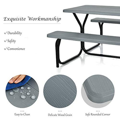 Giantex Picnic Table Bench Set Outdoor Camping All Weather Metal Base Wood-Like Texture Backyard Poolside Dining Party Garden Patio Lawn Deck Furniture Large Camping Picnic Tables for Adult (Gray) - color: Grey
