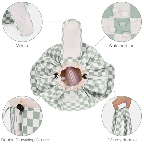 Narwey Lay Flat Open Drawstring Makeup Bag, Large Cosmetic Bag for Women Girls, Cute Make up Bags, Portable Travel Toiletry Bag for Skincare, Brushes & Travel Essentials (Green Checkerboard) - color: Z-Mint Green Checkerboard