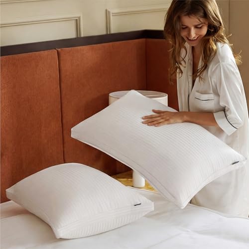 Bedsure Bed Pillows Queen Size Set of 2, Hotel-Quality Down Alternative Gusseted Pillows, PureWoven 100% Cotton Shell, Dual Chamber Construction for Fluffy Support, Ideal for Back & Stomach Sleepers - size: Queen