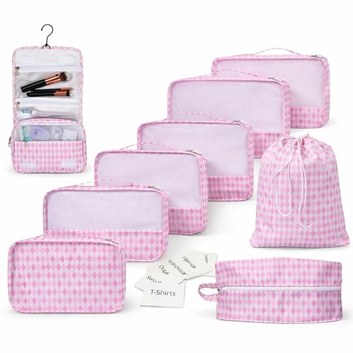 Packing Cubes Set-Cute Packing Cubes for Travel, Luggage Organizer Bags for Suitcase, Perfect for Kids and Family, Floral, Neutral & Aesthetic Travel Organizer Set -Pink - color: Pink