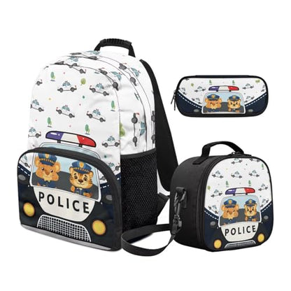 School Backpack for Boys,Police Car 3PCS School Backpacks for Primary Study, Lightweight Bookbag with Lunch Bag Bundle for Kids Teens Students - color: Police Car -1