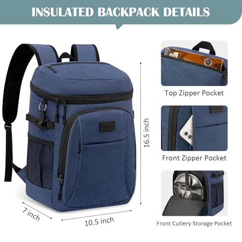 Tuwubi Cooler Backpack 35/42 Cans, Backpack Coolers Insulated Leak Proof for Men Women, Waterproof Soft Sided Lunch Camping Beach Travel Ice Chest Backpack Cooler Bag - color: Blue, size: Medium