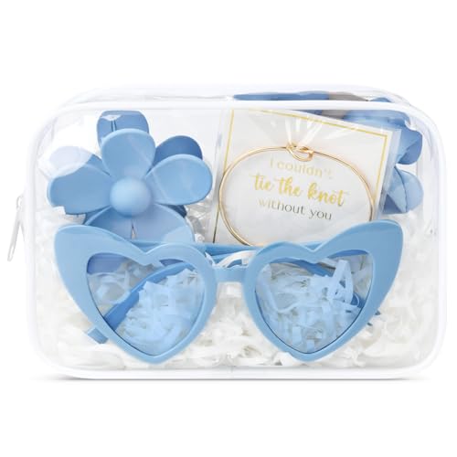 DEEKA 5 Pcs Bridesmaid Proposal Bag Set Gift Clear Makeup Toiletry Bag Bachelorette Party Favors Sunglasses Flower Claw Clips Scrunchies Knot Bracelets Bridal Wedding Party Gifts (Blue) - color: Blue(Flower Claw Clip), size: 1 Set