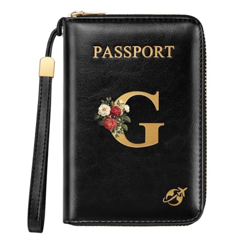 Passport Holder for Travel Wallet Women Zipper Wallets Personalized Passport Holder Cover Initial Letter Rose Flower Passport Book Holders RFID Blocking Credit Card Holder, G - color: Black, size: G