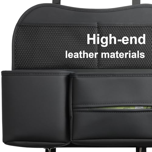 Leather Car Seat Back Organizer with Tissue Holder, Water Bottle Holder, Phone Holder for Road Trips. (Black) - color: Black