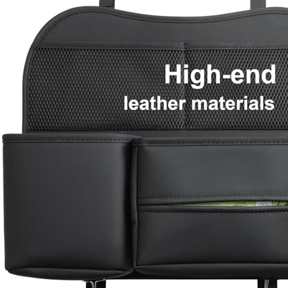 Leather Car Seat Back Organizer with Tissue Holder, Water Bottle Holder, Phone Holder for Road Trips. (Black) - color: Black