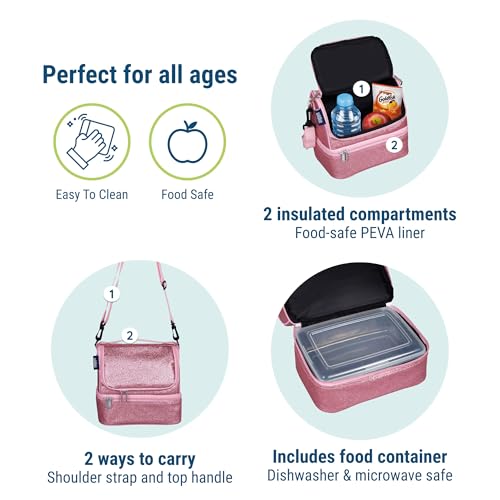 Wildkin Kids Two Compartment Insulated Lunch Bag – Keeps Food Hot or Cold, Easy-Clean Lining, Leak-Resistant & BPA-Free – Boys & Girls, Ideal for School, Travel & Daycare – Pink Glitter - color: Pink Glitter