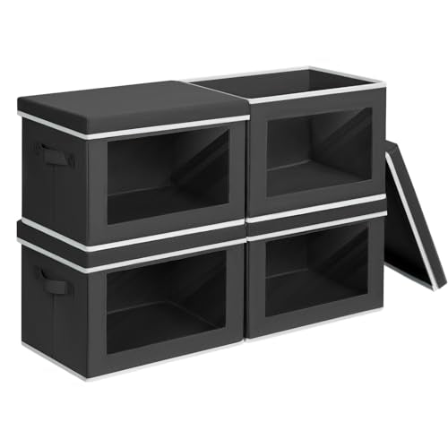 Homsorout Storage Boxes with Lids - 4 Pack Fabric Clear Window Storage Bins, Large Decorative Storage Bins with Handles, Linen Closet Organizer for Clothes, Towel, Blanket, Black - color: Black, size: XL(4-Pack)