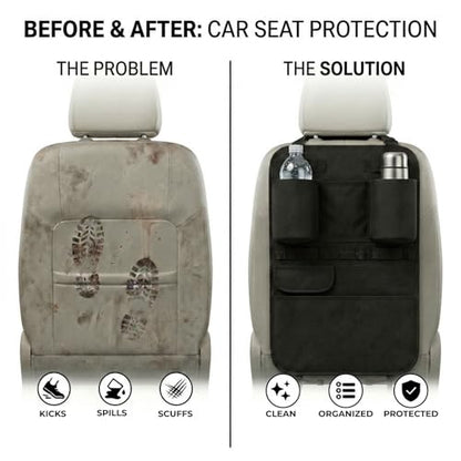 Swigzy Premium Seat Back Organizer Water Bottle Holder & Kick Mat Protector | Large Water Bottle Holders, Cordura Nylon, Laptop Pocket, Sag-Free Adjustable Fit