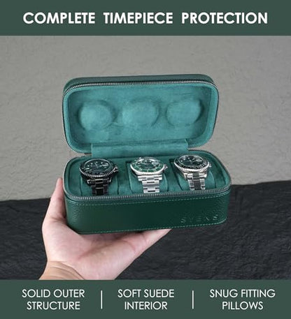 3 Watch Travel box Real Top-grain Leather, Three Watches Storage Organizer Roll Case for Man and Women, Watch Packing Box with Suede to Protection Zipper Fit All Watches Up to 60mm (3W-Z-GR) - color: 3W-Z-GRR