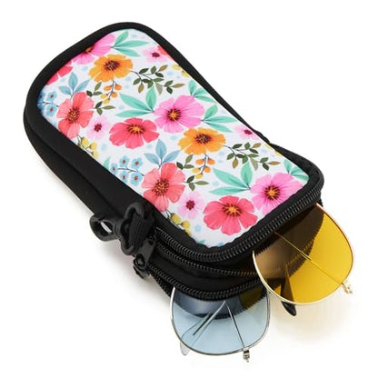 QIUTIMIY Sunglasses Soft Case Zipper Double Eyeglass Case with 2 Compartments 1 Belt Clip - color: White Flower