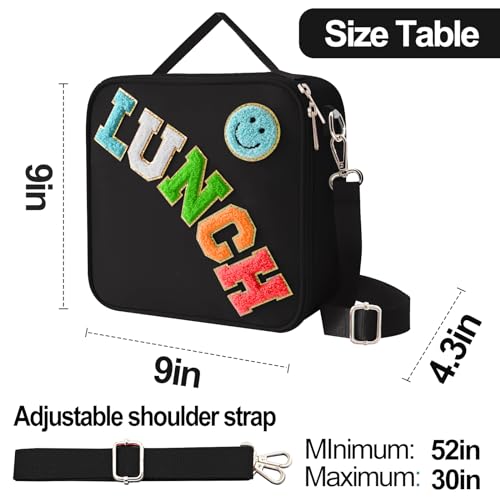 Insulated Lunch Bag With Adjustable Shoulder Strap, Nylon Preppy Lunch Box Large Insulated Lunch Bag Reusable Lunch Tote Bag with Smiley Preppy LunchBag for Girls School Travel Picnic (Black) - color: Black